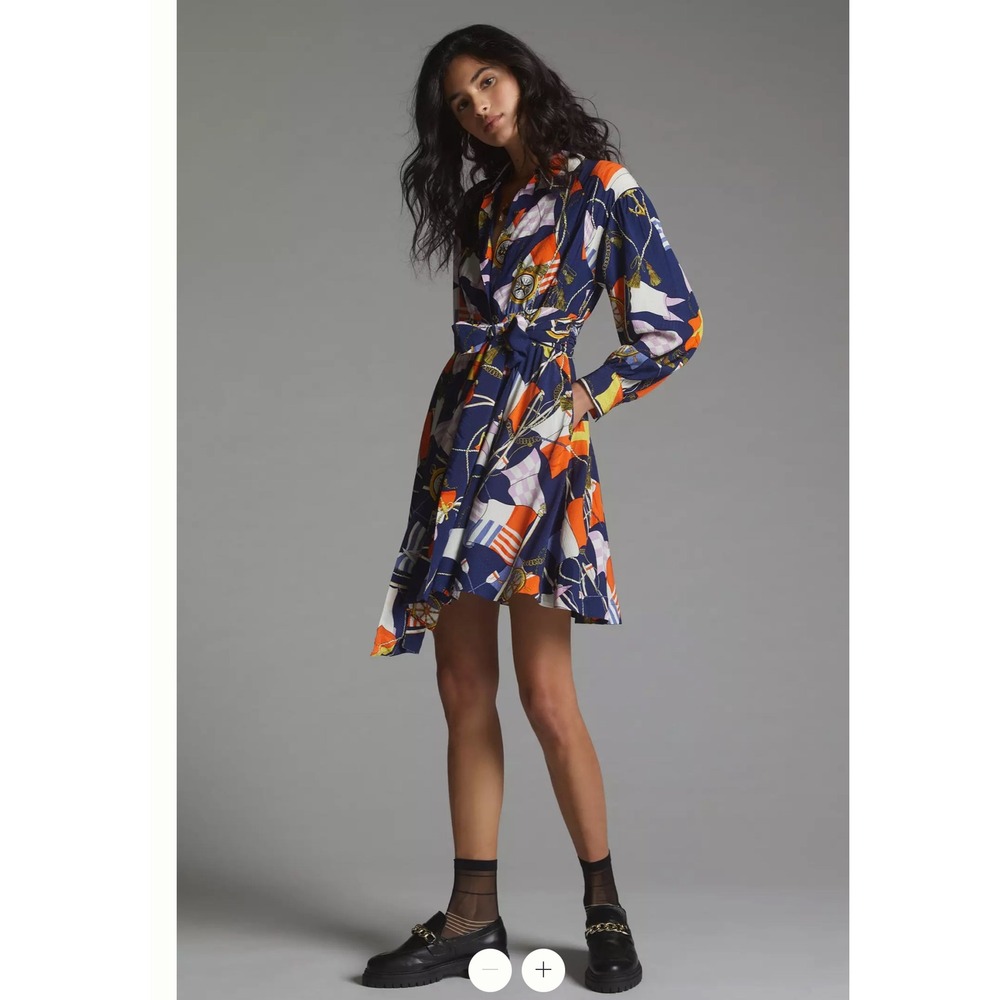 Maeve Anthropologie‎ Navy Nautical Scarf Print Swiss Dot Mini Shirt Dress Small
